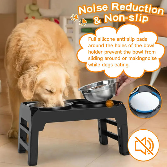 Collapsible Dog Food Feeder with Stainless Steel Bowls and Adjustable Stand for Medium Dogs.