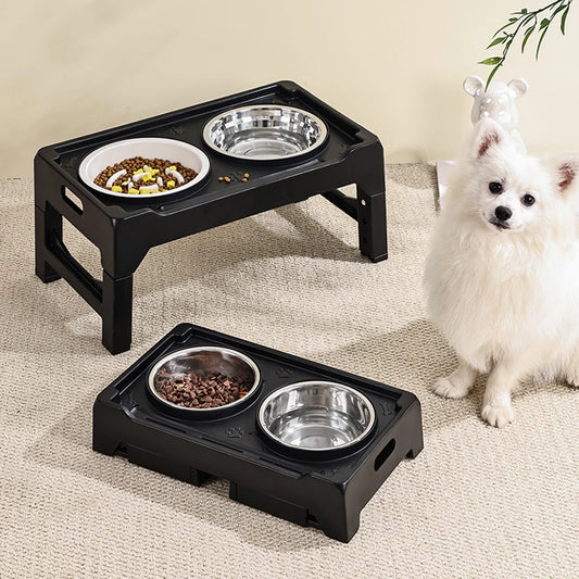 Adjustable dog food stand with two stainless steel bowls for medium and large dogs.