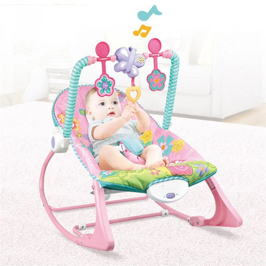 Electric rocking chair with music to put your baby to sleep, including toys and pacifier.