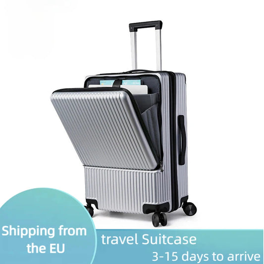 24" Silver Zipper Travel Suitcase Trolley Wheels Business Bag with USB Interface.