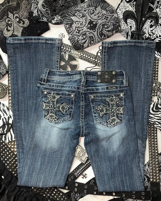 Jeans gotici retrò Y2k con ricamo a diamanti, vita alta, micro corni, larghi. Abbigliamento da strada.