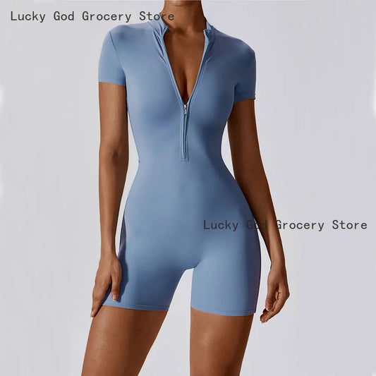 Summer Yoga Suit with Short Sleeves and Zipper, Perfect for Sports Training and Physical Activity.