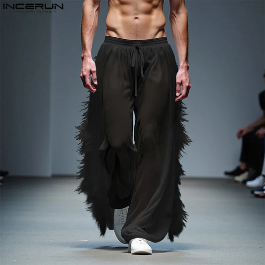 Men's trousers with transparent tassels, drawstring and patchwork, loose and trendy for 2025.