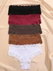 Set da 5 mutandine di cotone con pizzo floreale, patchwork, taglie S-XL, per un look moderno e confortevole.