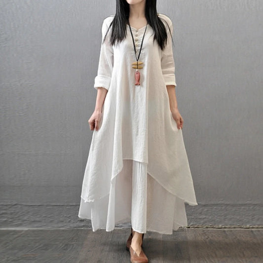 Abiti da donna eleganti e comodi in lino di cotone per l'autunno con maniche lunghe e ampie.