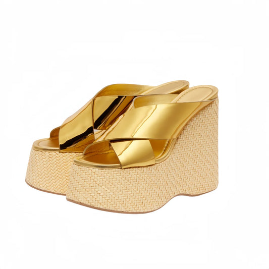 Ciabatte da donna in rafia con punta aperta, zeppa plateau, perfette per le vacanze in piscina.