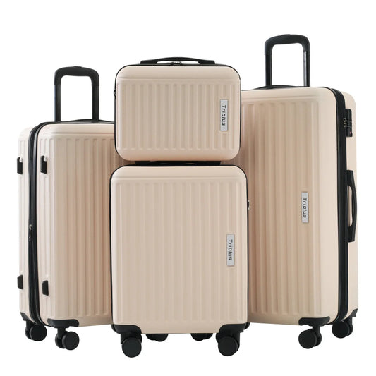 Luggage set consisting of three different sizes with hard case, cosmetic bag and four wheels.