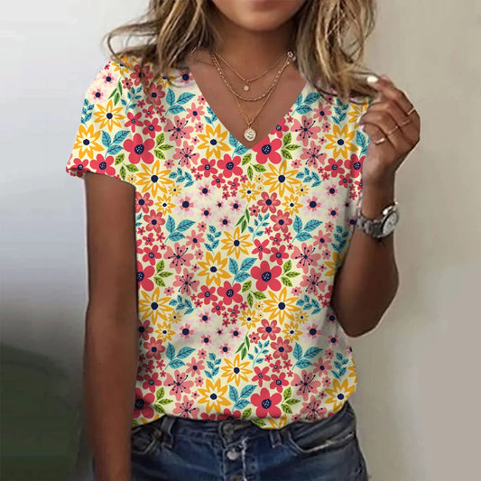Bellissima maglietta con stampa 3D di fiori, perfetta per l'estate e casual con scollo a V.