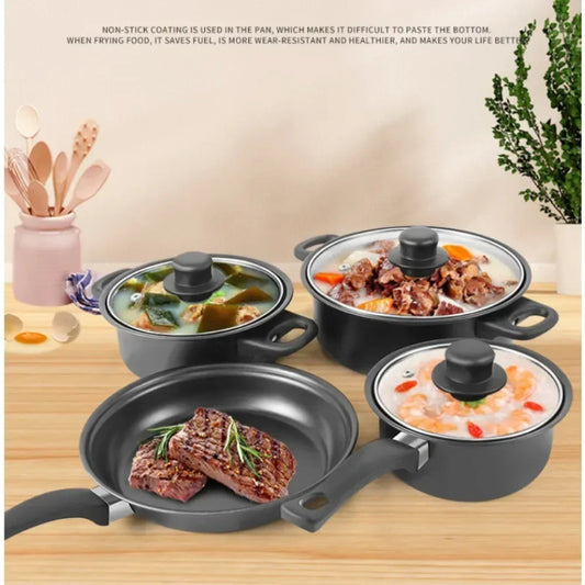 13 piece cookware set including milk pot, soup pot, frying pan and kitchen utensils.