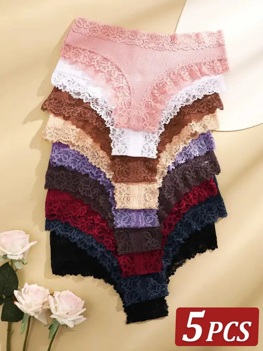 Set da 5 mutandine di cotone con pizzo floreale, patchwork, taglie S-XL, per un look moderno e confortevole.