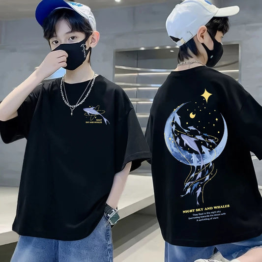 Corea Vestiti per bambini 2025 Estate T-shirt Balena Modello di cartone animato Top Moda Ragazzi Manica corta in cotone Tees Vestiti per ragazze