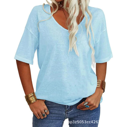 Moderna maglietta estiva da donna con scollo a V, pratica e casual, disponibile in rosa, nero e bianco.
