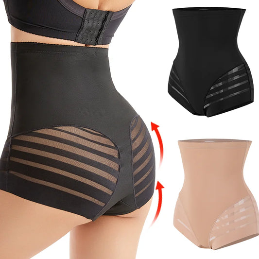 Mutandine modellanti a righe in pizzo per donna, a vita alta e senza cuciture. Sollevano e modellano il corpo.