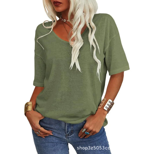Moderna maglietta estiva da donna con scollo a V, pratica e casual, disponibile in rosa, nero e bianco.