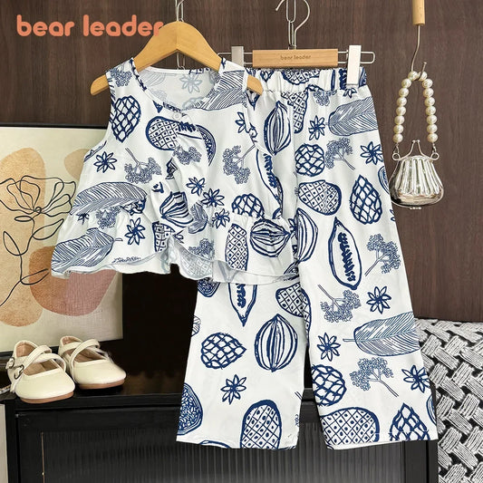 Bear Leader Estate Blu Vestiti per ragazze Casual Abbigliamento per bambini Volant Frutta Graffiti Stampato Top + Pantaloni 2 pezzi Abiti a fiori per bambini
