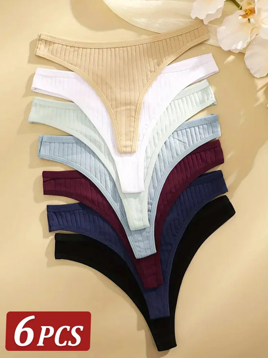 Confezione da 6 perizomi in cotone a vita bassa, sexy e comodi, disponibili in taglie S-XL.