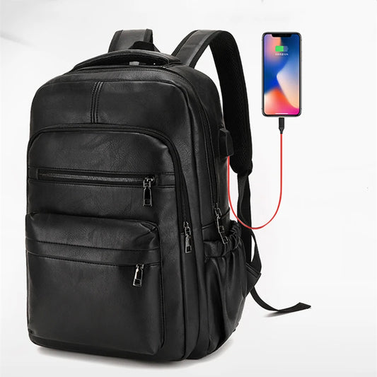 Zaino da uomo in pelle PU con ricarica USB di alta qualità, adatto a laptop grandi e teenager maschi.