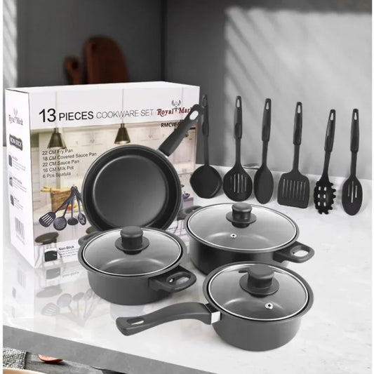 13 piece cookware set including milk pot, soup pot, frying pan and kitchen utensils.