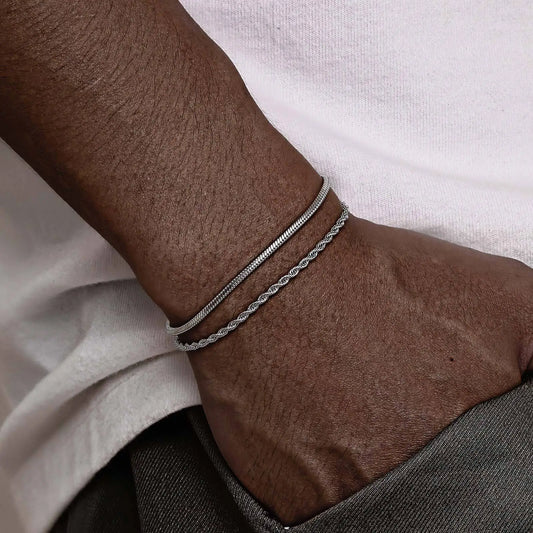 Vnox 2 pezzi/set braccialetti a catena da uomo, bracciale a catena con corda intrecciata regolabile da 16 cm-21 cm, bracciale a maglie a serpente in acciaio da 21 cm-24 cm