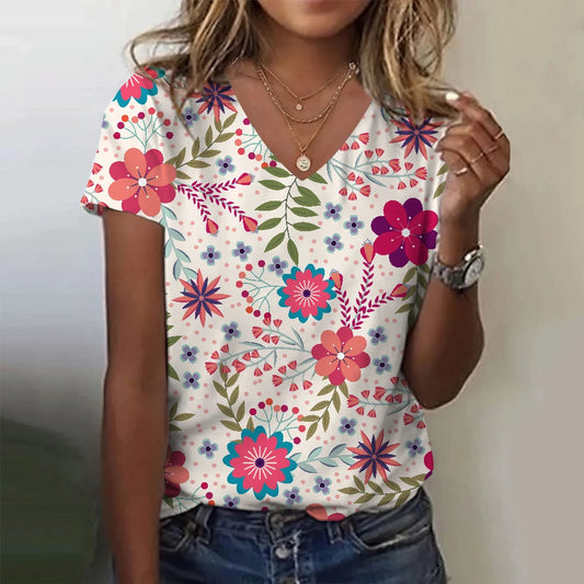 Bellissima maglietta con stampa 3D di fiori, perfetta per l'estate e casual con scollo a V.